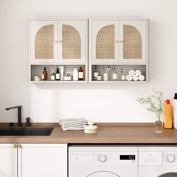 RUSTOWN Rattan Bathroom Wall Cabinet, Over The Toilet Storage Cabinets with 2 Arched Doors, Modern Medicine Cabinet with Adjustable Shelf & Rounded Edges, Mid-Century Bathroom Organization