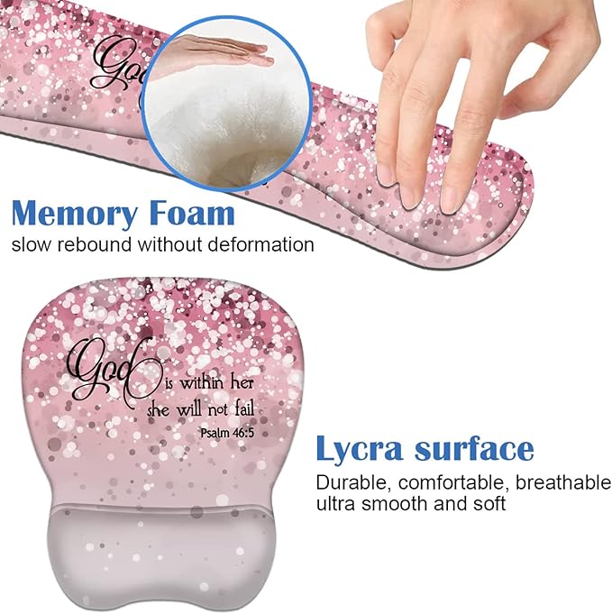 Ergonomic Mouse Pad Wrist Support and Keyboard Wrist Rest Set with Coasters, Non-Slip PU Base, Easy Typing & Pain Relief, Perfect for Home Office Working Studying, Quote Bible Verses Psalm 46:5