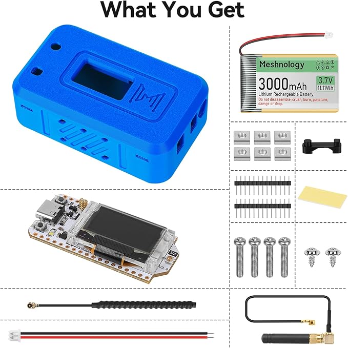 Meshnology 1 Set ESP32 LoRa V3 Module Board with 915 MHz Antenna + 3000mAh Battery + Protect Case - with WiFi Blue tooth SX1262 CP2102 0.96” OLED Display Type C for Ar duino Meshtastic IOT (N35, Blue)