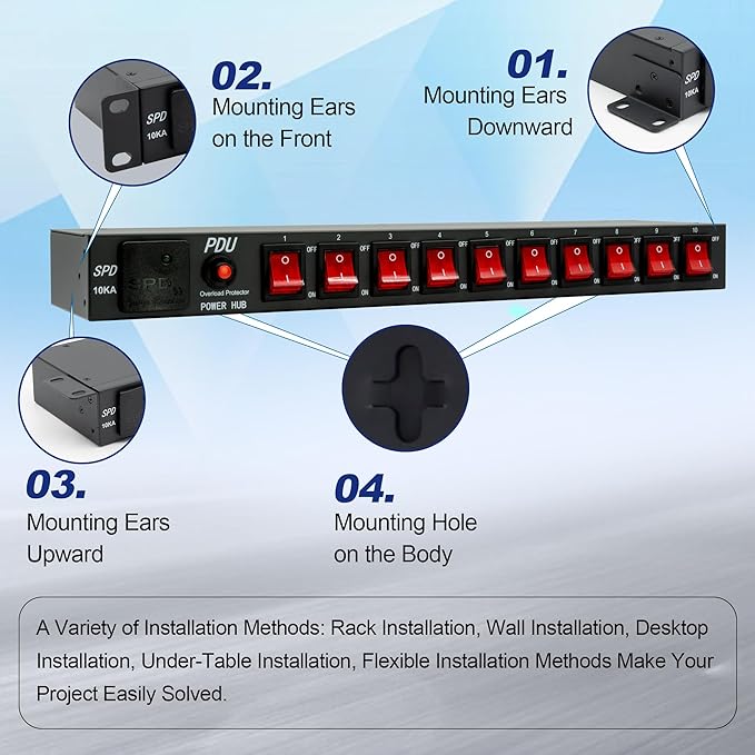 ThePoEstore 10 Outlets 1U Horizontal PDU Network Rackmount Power Strip with Surge Protector, (SPD-10KA) 100-240V,15A 3600 Joules, w/10 LED Switches and 6ft 14 AWG Cord