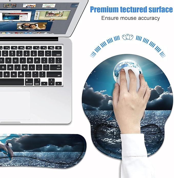 Keyboard Wrist Rest + Mouse Pad Wrist Support Set with Coasters, Non-Slip PU Base Ergonomic Mousepad for Home Office Working Studying Easy Typing & Pain Relief, Dolphin