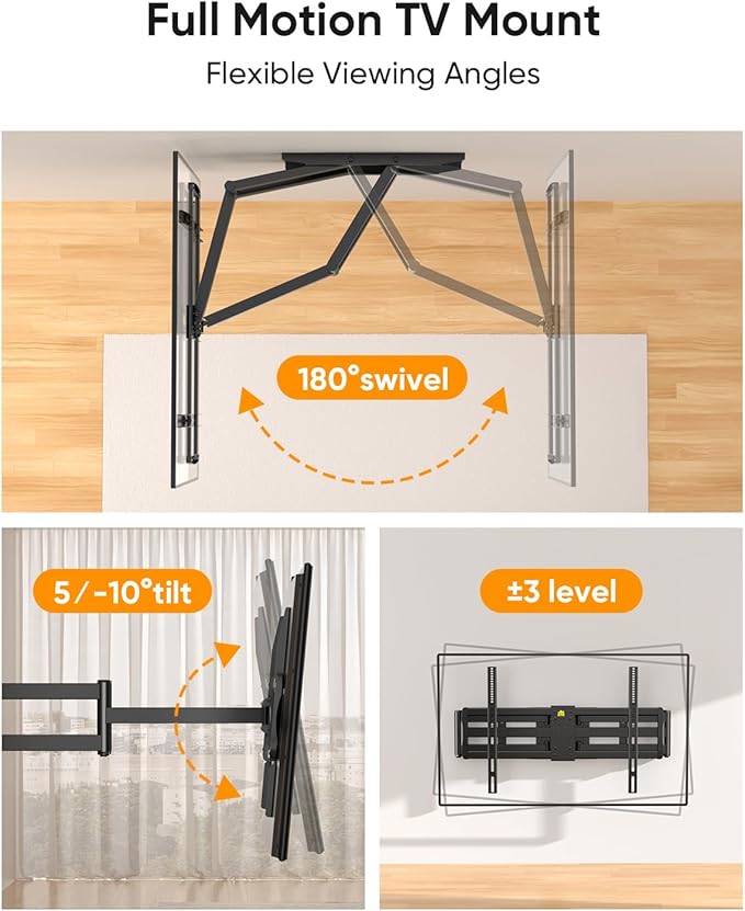 FORGING MOUNT Long Arm TV Wall Mount with 42.9 inch Extension and Power Strip for 60–120 Inch TVs, Heavy Duty Full Motion TV Mount,VESA 900x600mm,up to 275 lbs,Smooth Swivel, Tilt,16”-24” Wood Studs
