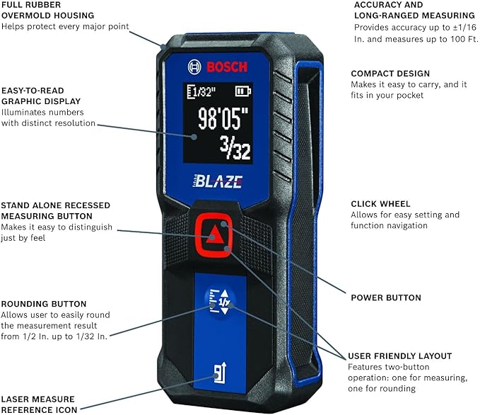 BOSCH GLM100-23 100 Ft Blaze Laser Distance Measure, Includes 2 AA Batteries