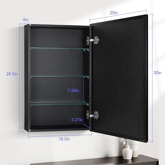 Medicine Cabinet with Mirror, 20x30 Inch Rectangle Wall Mounted Bathroom Vanity Mirror with Storage & Adjustable Tempered Glass Shelves Medicine Cabinets for Bathroom, Black