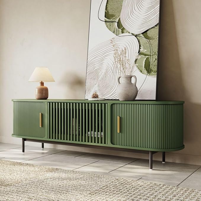 POVISON Fully-Assembled Modern Green TV Stand with Tambour Doors, Fluted TV Media Console for 65 Inch TVs, Sliding Door Entertainment Center with Storage for Living Room (Green, 70.87")