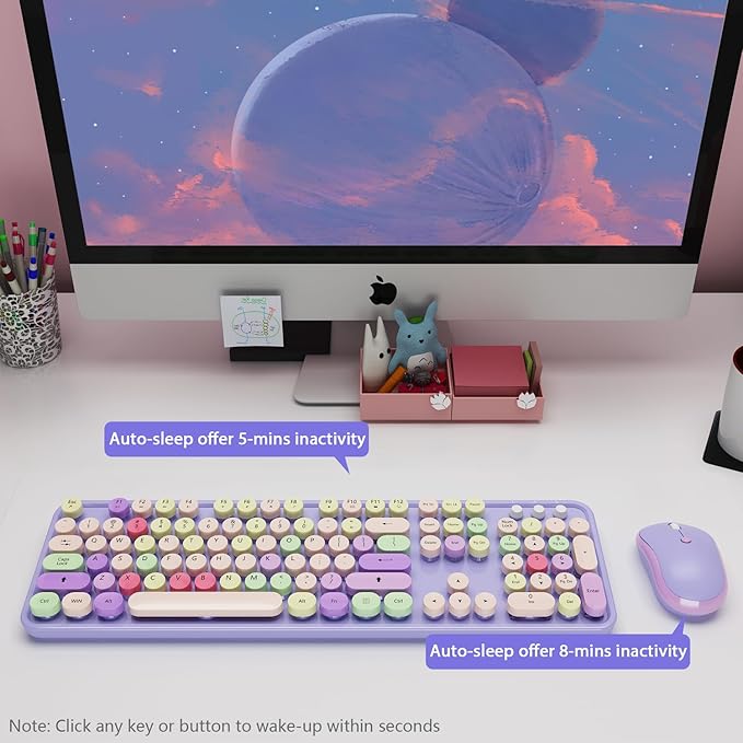 Wireless Typewriter Keyboard and Mouse - Wireless Keyboard with Silent Mouse, Cute Retro Keyboard Mouse Combo, 2.4G USB Computer Keyboard and Mouse for Windows Laptop/Desktop/PC(Purple)