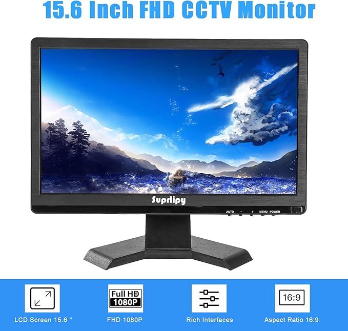 Suprlipy 15.6 inch FHD Small IPS Monitor LCD Display Screen 1920x1080 60Hz 16:9 with BNC VGA AV Input Built-in Lounspeakers for CCTV Security Camera DVR PC RasPi