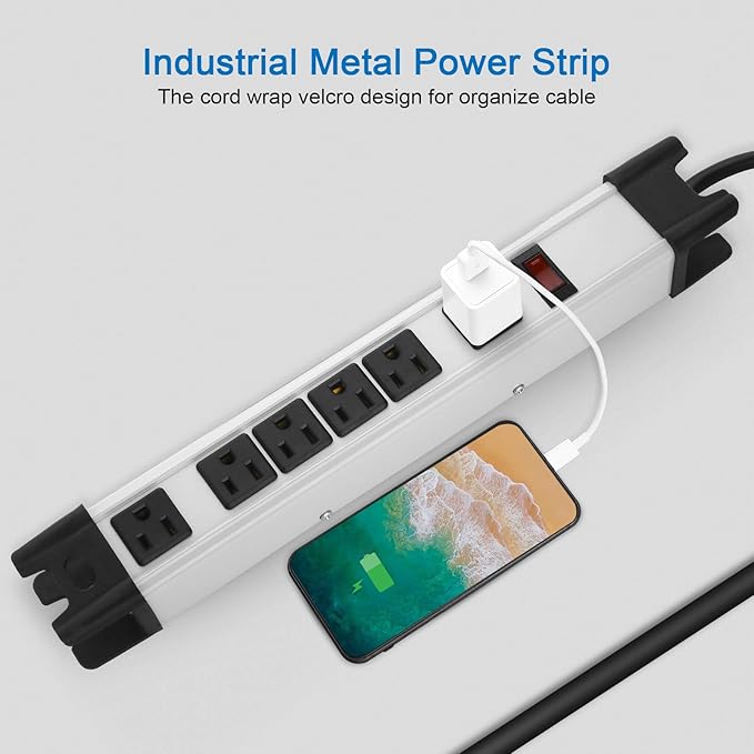 Heavy Duty Power Strip Surge Protector, 6 Outlet Industrial Metal Power Strip with 10 FT Cord, 1200 Joules ETL Listed