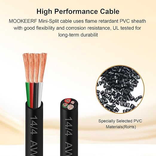 MOOKEERF 14/4 AWG Mini-Split Cable - 75FT 14 AWG 4 Conductor Control Cable 300V Stranded Oxygen-Free Pure Copper Wire for Mini Split Air Conditioner,Heat Pump,HVAC Systems and Speaker Systems
