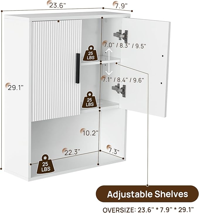 Modern Fluted Bathroom Wall Cabinet with Motion Sensor LED Light, White Over The Toilet Storage with Tissue Dispenser, Soft-Close Hanging Medicine Cabinet with Adjustable Shelves & Open Rack