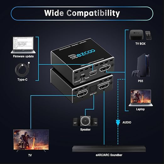 4K@120Hz HDMI 2.1 eARC Audio Extractor 1 in 1 Out Support VRR ALLM HDCP2.3 ARC eARC HDR CEC SPDlF Optical Audio Out Digital EDID for PS5 Xbox NVIDIA AMD