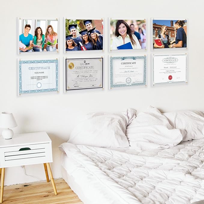 Kalami 3 Pack 11x14 Acrylic Wall Mount Picture Frame Self Adhesive, Floating Frameless Clear Photo Frame for Diploma Certificate Degree Document Display Gallery Wall-Full Frame Size 12.4x15.4