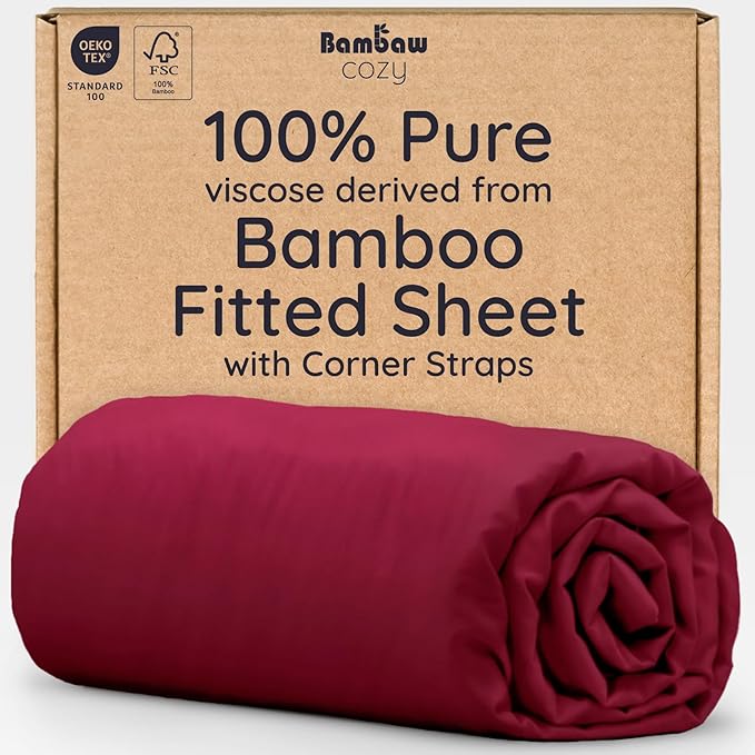 Bambaw 100% Viscose Derived from Bamboo King Size Fitted Sheet, Cooling, Deep Pocket, Burgundy