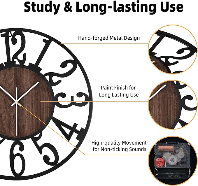 Casaformia 20'' Silent Wall Clock with Night Light, Glow in The Dark Decorative Wall Clock Battery Operated, Rustic Modern Metal & Wood Clocks for Bedroom Living Room Decor, Arabic Numerals