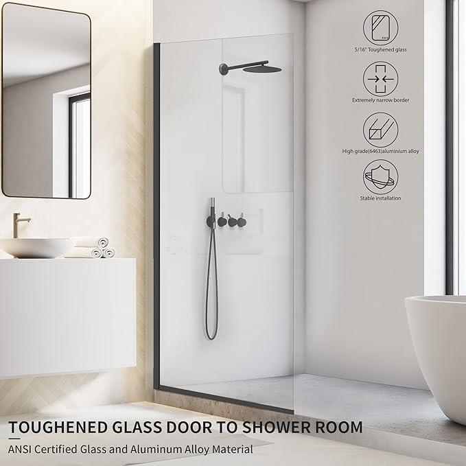 Bathroom Shower Door Screen, 34 in. W x 74 in. H Single Panel Frameless Shower Screen with Tempered Glass, for Bathroom and Bathtub, Clear Shower Door Screen with Matte Black Rods