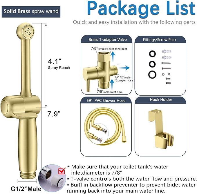 SonTiy Handheld Bidet Toilet Sprayer, Brass Cloth Diaper Sprayer Hand Held Bidet Attachment Jet Spray for Toilet with Backflow Preventer, 59" PVC Shower Hose and Shut Off Valve, Brushed Gold
