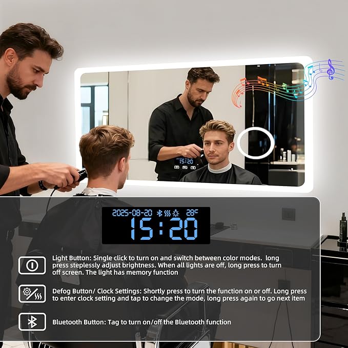 LUVODI Bathroom LED Wall Mirror: 48x24 inch Rectangle Makeup Vanity with Lights Bluetooth Speaker, Time Display, Magnifier, Anti-Fog, Memory Function, 3 Color Temperature