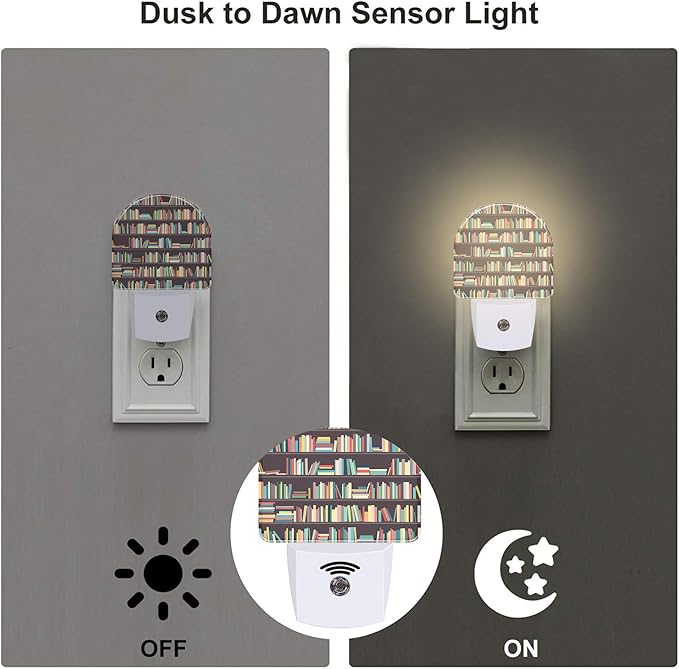 sndheke Books on Bookshelves Night Light, Colorful Books Dusk to Dawn Night Light Plug in,0.5w Energy Saving Sleep Friendly Nightlights for Kids Boys Girls Home Decor