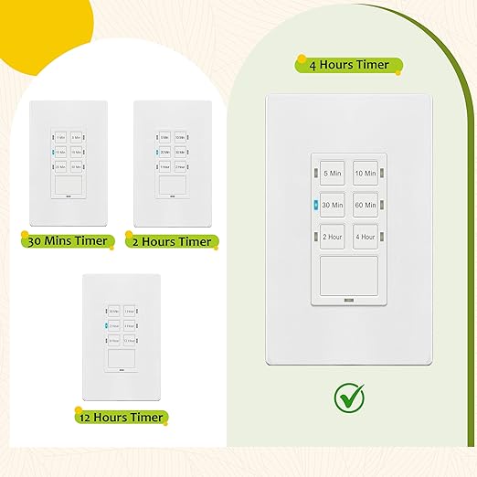 TG 4 Hour Countdown Timer Switch, Light Switch Timer for Bathroom Exhaust Fan, 5 min-2 Hours-4 Hours, Night Light LED Indicator, Neutral Wire Required, UL Listed, Screwless Wall Plate, White