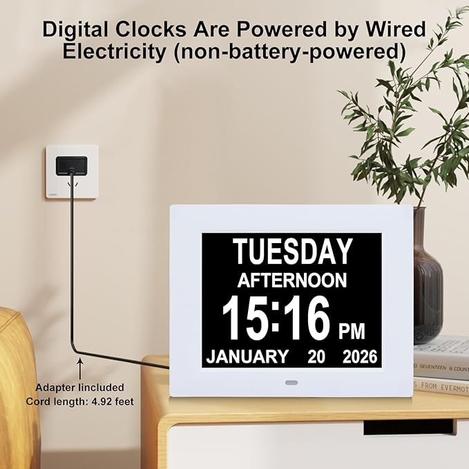 Digital Dementia Alarm Clock 8 inch Large Display, Electronic Calendar Clock with Day and Date for Elderly,3 Time Period Oversized Character Drug Reminders Clock for Dementia Elderly Patients