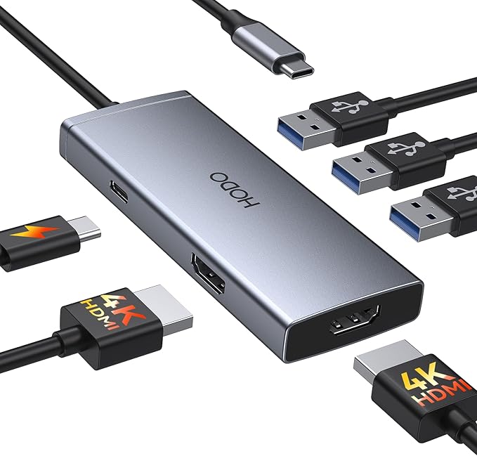 USB C Docking Station Dual HDMI Monitor 4K 60 Hz USB C to Dual HDMI Adapter with 2 hdmi Ports, USB-C Hub 2 Monitors with 3 USB Port PD Charging Compatible for Dell XPS HP Surface etc