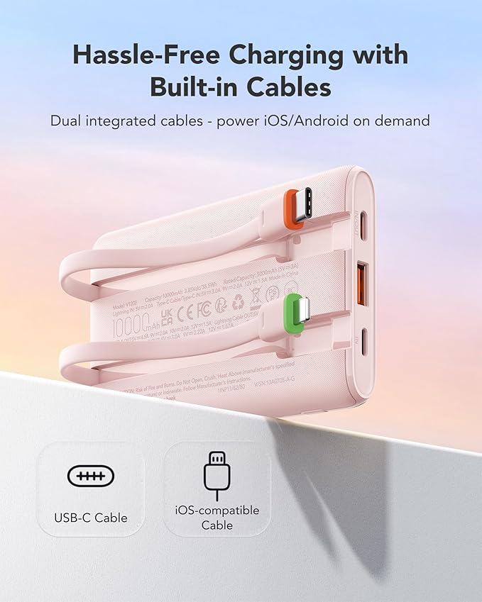 VEGER Portable Charger with Built in Cable, 10000mAh 22.5W Fast Charging USB C Battery Pack, 4 Outputs 3 Inputs Power Bank for iPhone 16/15/14/13 Series, iPad, Samsung, Android, Tablet, Pink(1 Pack)