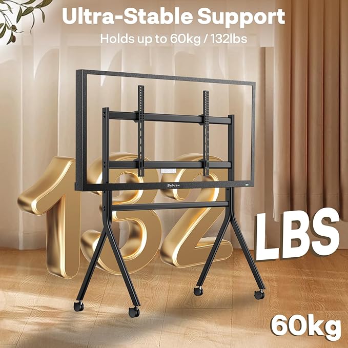 Sylvox TV Floor Stand for 65-75 Inch TVs, Heavy Duty Rolling TV Stand Max Load 132LBS/60kg, Mobile TV Cart with Lockable Wheels, Universal Flat/Curved Screen Mount, VESA 200x200 to 1200x600mm