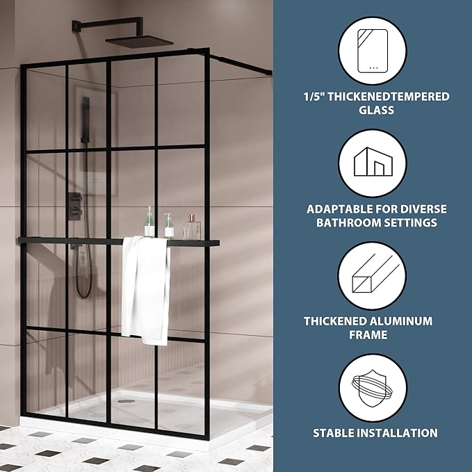 Goodyo 46" x 72" Shower Glass Door Tempered Glass Shower Screen with Towel Rack Tool Bar for Walk in Bathroom, 16-Grid Modern Desigh, Matte Black Finish