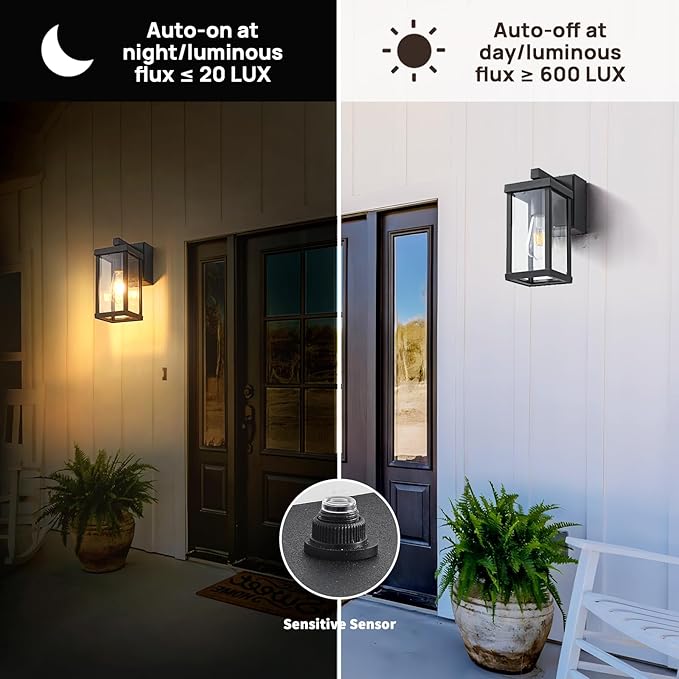 JOKAONOTL Dusk to Dawn Porch Lights with GFCI Outlets Waterproof Outdoor Wall Lights Exterior Lighting Fixtures Modern Outside Lights Wall Mount for House Patio Garage,Black,11.8''H, 2 PC