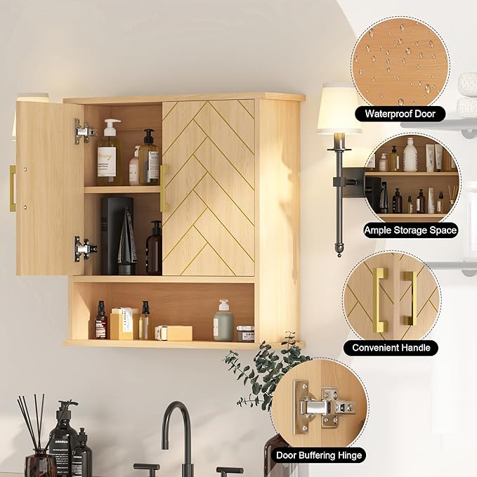 Natural Chevron Pattern Bathroom Wall Mount Cabinet, Gold Accent Hanging Medicine Cabinet with Open Shelf, Over The Toilet Storage Organizer for Home (23 5/8" x 22 7/8" x 7 1/8")