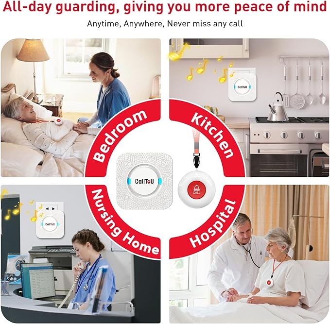 CallToU Caregiver Pager Wireless Call Button Nurse Alert System 500+ Feet for Home/Elderly/Patient/Disabled 2 Plugin Receiver 1 Waterproof Transmitter