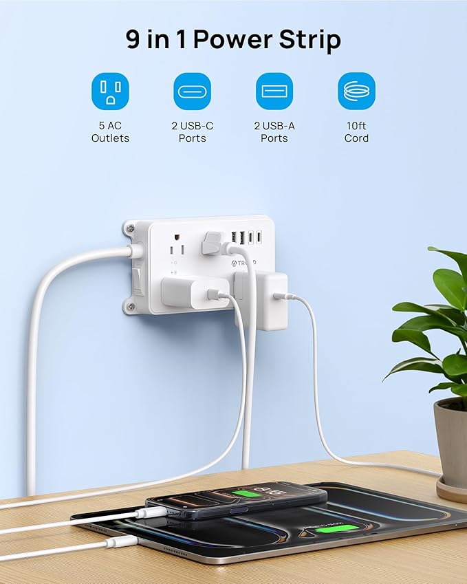 TROND Power Strip with USB, 10ft Extension Cord Surge Protector, 5 Widely Spaced Outlets with 4 USB Ports, ETL Listed, 1300J, Low-Profile Flat Plug, Wall Mountable, White