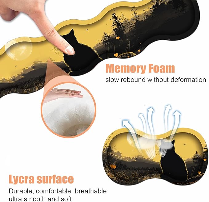 Ergonomic Keyboard Wrist Rest & Mouse Pad Wrist Rest Set, Large XXL Gaming Desk Mat 31.5"x 11.8" with Non-Slip Base, Memory Foam, Easy Typing Pain Relief for Home & Office, Black Cat