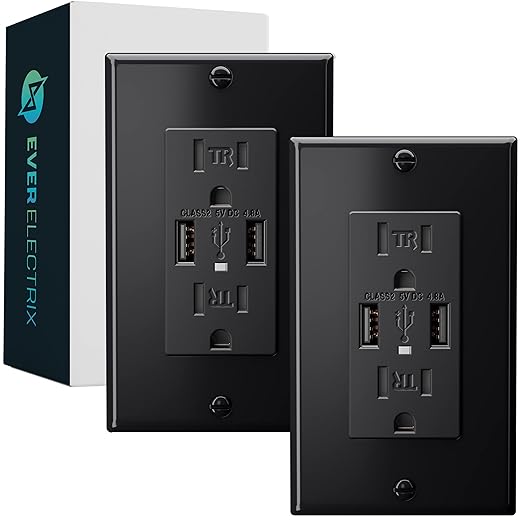 EverElectrix 2-Pack 4.8A Black Wall Outlet With USB Ports - 15Amp Duplex Tamper Resistant Charger, UL Listed, Electrical Receptacle With Dual USB