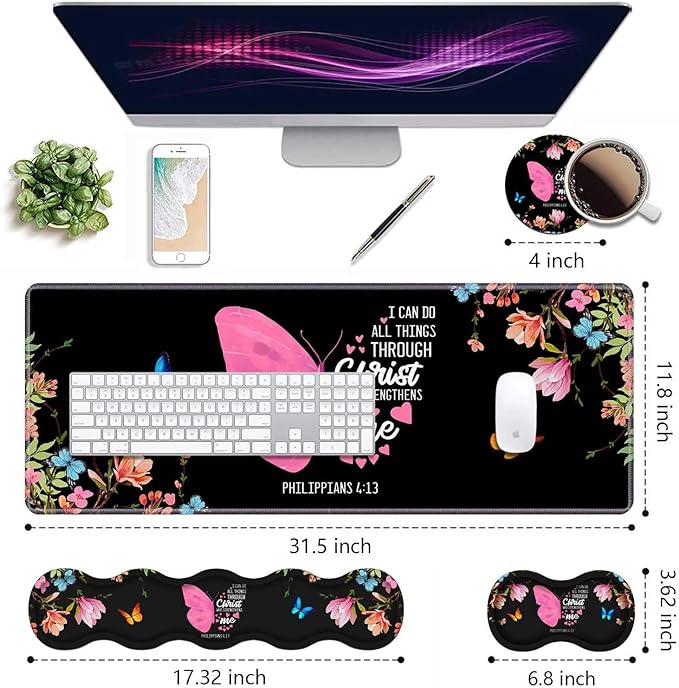 Ergonomic Keyboard Wrist Rest & Mouse Pad Wrist Rest Set,Floral Butterfly Quote Bible Verse Philippians 4:13 Large Gaming Desk Mat 31.5"x 11.8" with Memory Foam,Easy Typing Pain Relief for Home Office