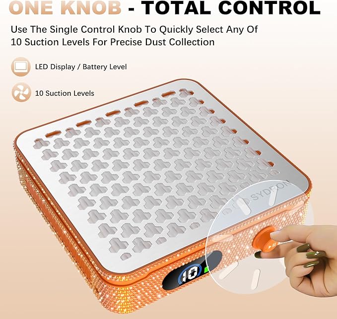 Nail Dust Collector | 1000PA Professional Nail Dust Collector | 10 Speed Levels| Low Noise & Strong Suction| Reusable Filter, 10 Pads + Nail Dust Brush| for Acrylic Nails, Salon & Home -Orange Diamond