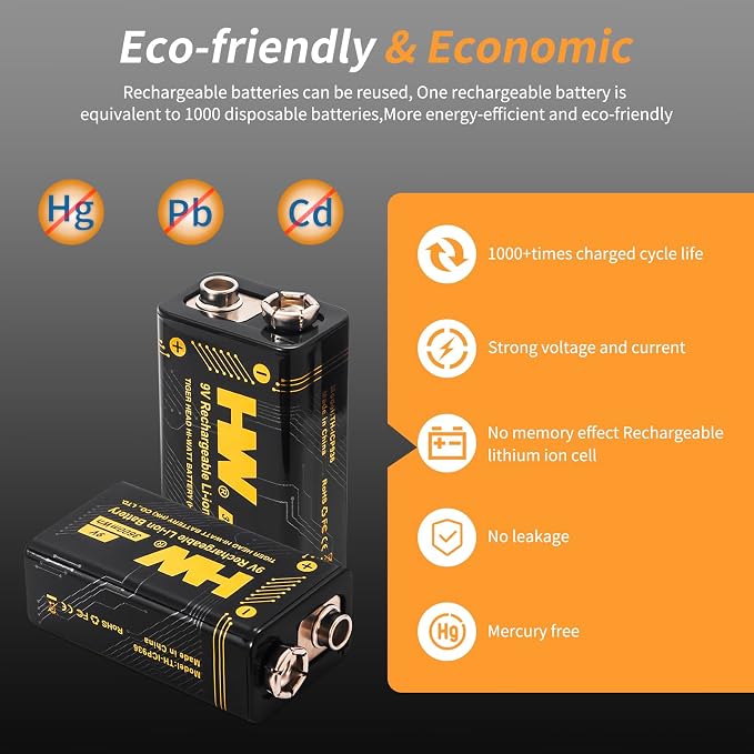 HW 9V Batteries， 3600mWh Rechargeable 9 Volt Battery - Image 6