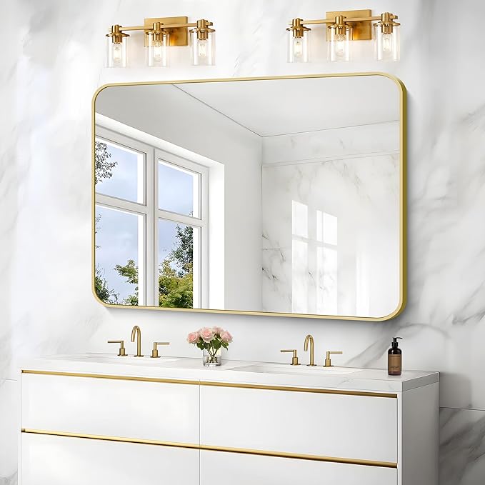 36"x48" Bathroom Mirror, Gold Rectangle Mirror, Large Rectangular Wall Mirror, Rounded Corner Vanity Mirror with Aluminum Metal Frame for Bathroom Bedroom Living Room Horizontal/Vertical