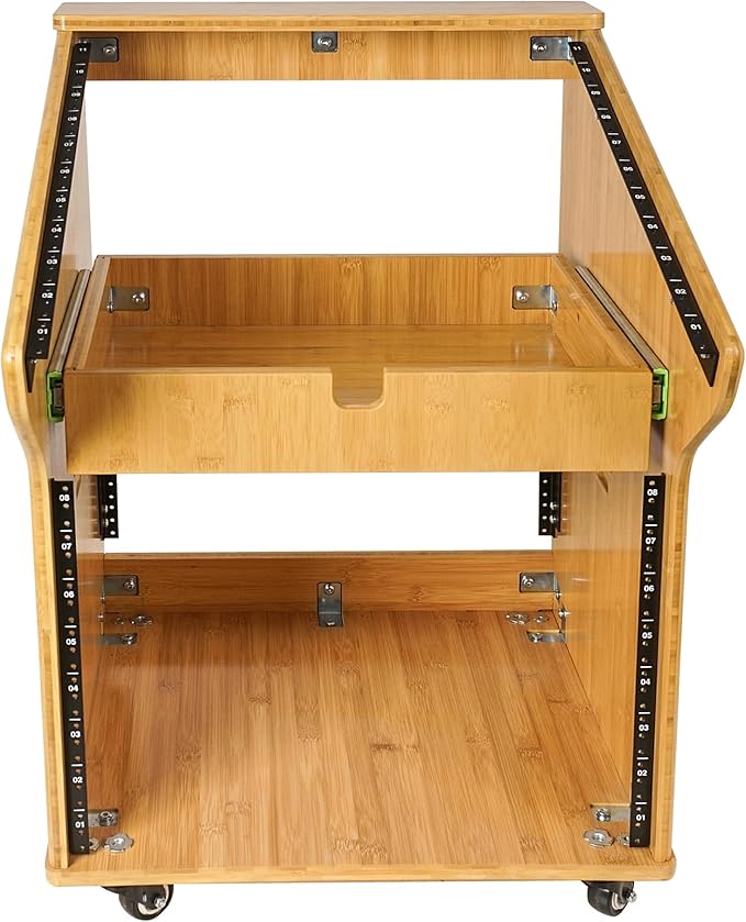 Sound Town DIY Solid Carbonized Bamboo Studio Rack with 11U Slant Mixer Top, 8U Front, 2U Drawer, Rubber Feet, Casters, for Recording Room, PA/DJ Equipment, Home-Audio (STBR-M11X8)