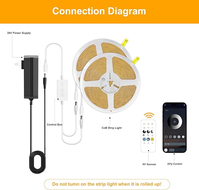 Pandery COB LED Strip Lights Warm White,24V Dimmable led Light Strip KIT with Remote and app Control,2700K 50FT/15m 8mm Wide Ra>90 Cuttable Flexible Strip Lights forBedroom,Wardrobe,Cabinet