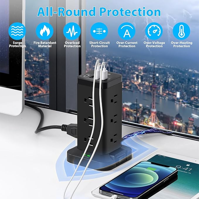 BEVA Power Strip Tower with USB Ports, 6.5 FT Surge Protector Power Tower, 12 AC and 4 USB Ports, 6.5 FT Extension Cord with Multiple Outlets, Office Supplies Office Organization (Black)