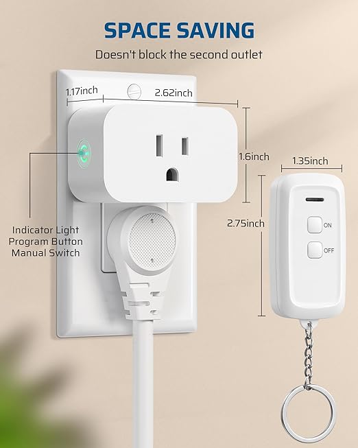 DEWENWILS Indoor Remote Control Outlet, Wireless Remote Light Switch, No Interference Remote Outlet Switch, No Wiring, 15A/1875W, 100ft RF Range, Compact Design, Programmable