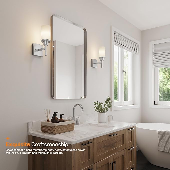 AONEON Bathroom Light Fixtures Brushed Nickel Vanity Lights with White Frosted Glass Shade, Wall Lamp for Mirror Kitchen Bedroom Porch, 2 Pack T001BR-L1-P2