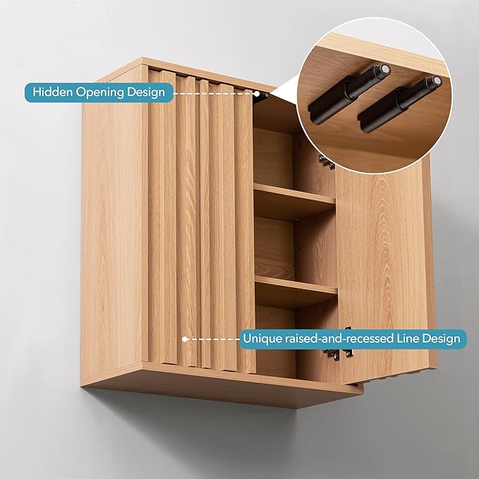 Fluted Wall Cabinet for Bathroom, Modern Wood Hanging Storage Organizer with Push-to-Open Doors, Sturdy 15mm Thick Board, Adjustable Shelves, Over Toilet Medicine Cabinet, Natural Oak Finish