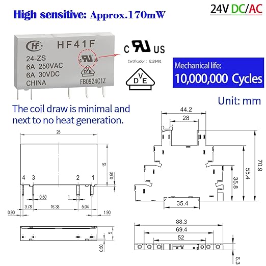 2Pcs Miniature Power Relay DC 24V HF41F/24-ZS 5 Pin 1NO 1NC 6A SPDT with LED Indicator with Socket Base 41F-1Z-C5 with DIN Rail UL Certification