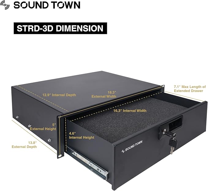 Sound Town Heavy-Duty 1/2" (12mm) Plywood 14U PA DJ Pro Audio Rack/Road ATA Case with 11U Slant Mixer Top, Locking Drawer, 20’’ Rackable Depth and Casters (STMR-14D3)