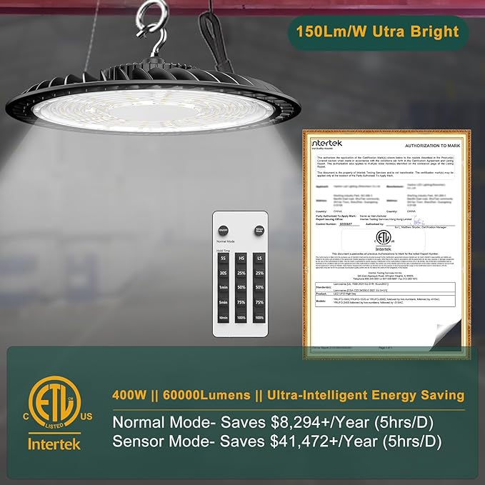 ACOHOOK 400W High Bay LED Lights with Motion Sensor, 60000LM Smart High Bay Shop Light, 𝐀𝐂𝟏𝟎𝟎-𝟐𝟕𝟕𝐕 UFO Commercial Lighting for Warehouse/Barn -4Pack