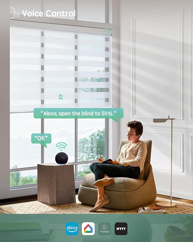 Yoolax Motorized Blinds with Remote, Electric Zebra Blinds for Indoor Windows, Room Darkening Smart Shades with Voice Control, Compatible with Alexa Google Home, APP Control, 34" W x 72" H, White