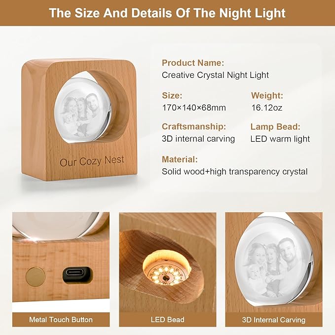 Yijhpbc Custom 3D Crystal Photo Night Light Personalized Photo Crystal Ball Engraved Picture Lamp with Wood Base Memorial Gift for Pets Family Couple Birthday Valentine's Day (Style 2)