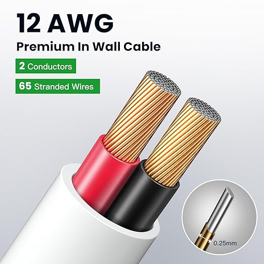BAHIWOM Fire Safety CL2 Speaker Wire in-Wall & in-Ceiling 12 Gauge Wire 200 FT CCA Cord 2 Conductors Red Black Speaker Cable for Indoor Home Theater System,Car Audio Soft White Jacket